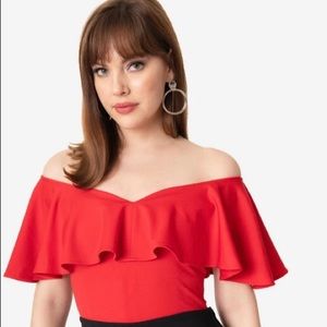 Unique Vintage Red Off Shoulder Ruffle Top
